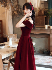 Wine Red Velvet Off Shoulder Long Prom Dress, Wine Red Party Dress Formal Dress