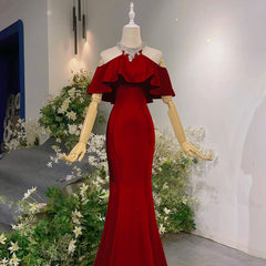 Wine Red Mermaid Off Shoulder Halter Neckline Party Dress, Wine Red Evening Gown