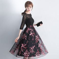 Lovely Black Lace Short Sleeves Floral Tulle Party Dress, Black Party Dress Prom Dress
