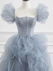 Gray blue beads long prom dress gray tulle formal dress