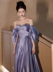 Light Purple Satin Beaded Off Shoulder Prom Dress, Light Purple Evening Dress