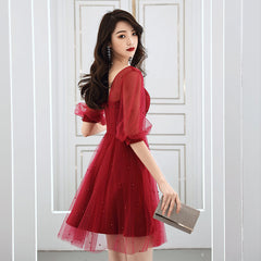 Wine Red Short Sleeves Homecoming Dress Prom Dress, Wine Red Party Dress