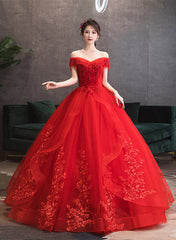 Red Off Shoulder Ball Gown Tulle with Lace Applique Party Dress, Red Sweet 16 Dress