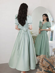 Simple green v neck satin short prom dress, green evening dress