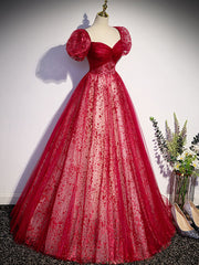 A line burgundy tulle sequin long prom dress, burgundy formal dress