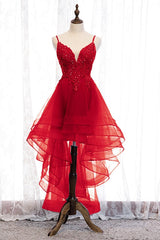 Lovely Blue High Low V-neckline Straps Party Dress, New Straps Prom Dress