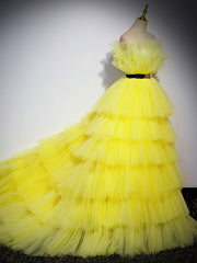 Yellow tulle long prom dress, yellow tulle formal dress