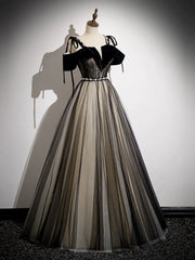 A-Line Tulle Black Long Prom Dress, Black Long Formal Dress