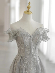 Sliver-Grey Tulle with Sequins Long Party Dress,A-line Floor Length Prom Dresses