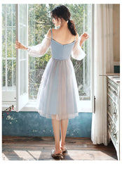 Lovely Light Blue and Pink Tea Length Graduation Dresses, Pink Short Prom Dresses