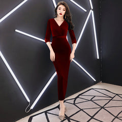 Elegant Mermaid Tea Length Wedding Party Dress, Velvet Burgundy Party Dress