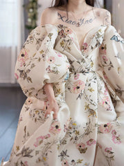 Unique sweetheart neck puff sleeves long prom dress printing evening dress