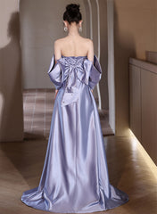 Light Purple Satin Beaded Off Shoulder Prom Dress, Light Purple Evening Dress