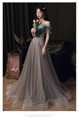 Beautiful Off Shoulder Velvet and Tulle Long Party Dress, A-line Evening Dress Prom Dresse