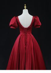 Wine Red Satin Bridesmaid Dress Party Dress, Tea Length Prom Dresses