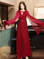 Burgundy Aline chiffon long prom dress, burgundy evening dress