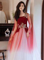 Red Gradient Tulle with Flowers Long Wedding Party Dress, Red Formal Dress