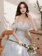 Aline Gray Long Prom Dresses, Gray Formal Graduation with Sequin Beading