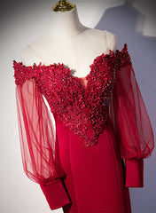 Burgundy Mermaid Long Sleeves Spandex with Lace Prom Dress, Burgundy Wedding Party Dress