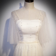 Light Champagne Short Sleeves Long Wedding Party Dress, Cute Prom Dress