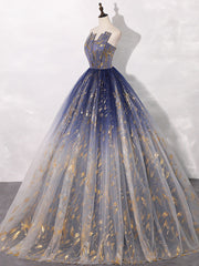 A-Line Tulle Blue Long Prom Dress, Blue Tulle Long Evening Dresses