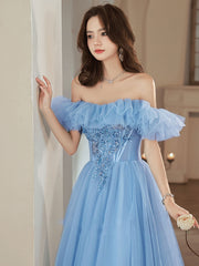 Blue A-Line Off Shoulder Tulle Long Prom Dress, Blue Tulle Formal Evening Dress