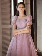 Light Purple Tulle Long Formal Dress, A-line Tulle Short Sleeves Prom Dress