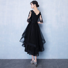 High Low Black V-neckline Short Sleeves Homecoming Dress, Black Prom Dress