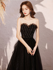 Black A line sequin long prom dress, black evening dress