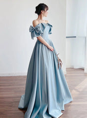 Blue Satin Off Shoulder Long Prom Dress with Bow, A-line Party Dress