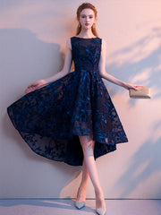 Navy Blue Lace High Low Round Neckline Party Dress, Blue Prom Dress Homecoming Dress