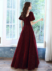 Wine Red Velvet Long Party Dress, Off Shoulder A-line Long Prom Dress