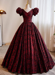 A-line Black and Red Lace Short Sleeves Party Dress, Black and Red Long Formal Dress