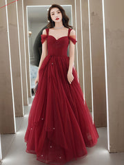 Burgundy A line long prom dress, off shoulder formal graduation dress