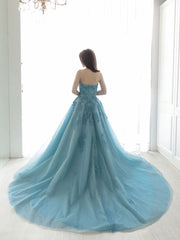 Blue sweetheart neck tulle lace long prom dress, blue tulle formal dress