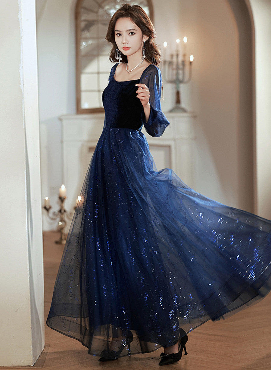 Navy Blue Tulle and Velvet Long Sleeves Party Dress, Simple A-line Prom Dress