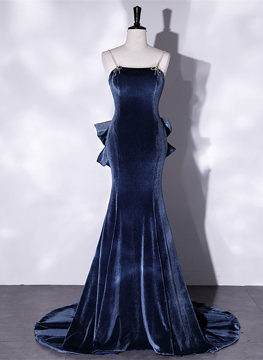 Blue Velvet Mermaid Straps Low Back Party Dress with Bow, Blue Long Evening Dress