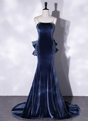 Blue Velvet Mermaid Straps Low Back Party Dress with Bow, Blue Long Evening Dress