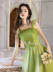 Light Green A-line Straps Tulle Long Party Dress, Light Green Tulle Prom Dress