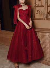 Wine Red Straps Sweetheart Shiny Tulle Party Dress, A-line Wine Red Formal Dress