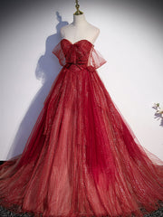 Burgundy A line off shoulder long prom dress burgundy evening dress