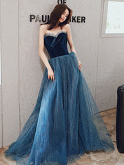 Aline Tulle Velvet Blue Long Prom Dress, Sweetheart Neck Blue Graduation Dress
