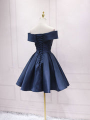 Simple blue off shoulder satin short prom dress blue bridesmaid dress