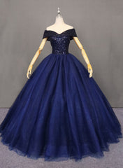 Glam Navy Blue Off Shoulder Beaded Tulle Formal Gown, Navy Blue Sweet 16 Dress