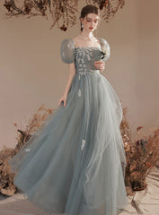 Light Green Short Sleeves Tulle Floor Length Party Dress, A-line  Evening Formal Gown