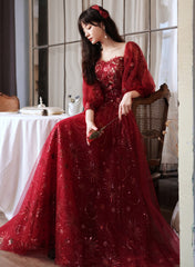 Wine Red Tulle Shiny Tulle Puffy Sleeves Prom Dress, Wine Red Long Party Dress