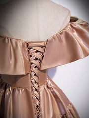 Simple A line satin champagne long prom dress, champagne evening dress