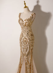 Champagne Mermaid Straps Long Evening Dress, Champagne Sequins Prom Dress