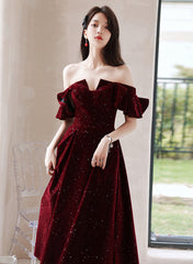 Wine Red Velvet Tea Length Party Dress Graduation Dress, Wine Red Prom Dress