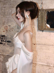 White Satin A-line Long Scoop Long Evening Dress, White Satin Prom Dress